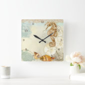 Beach Sand Seashore Collage Turtle Sea Horse Musch Quadratische Wanduhr (Zuhause)