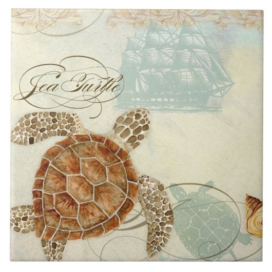 Beach Sand Seashore Collage Turtle Sea Horse Shell Fliese (Vorderseite)