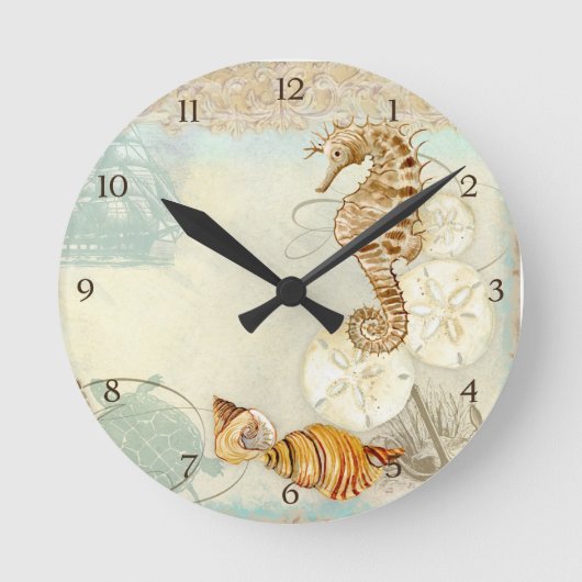 Beach Sand Seashore Collage Turtle Sea Horse Shell Runde Wanduhr (Vorderseite)