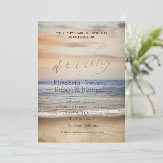 Beach Sand Sky Wedding Einladung (Stehend Vorderseite)