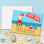 Beach Santa Claus Niedlich Custom Christmas Postkarte<br><div class="desc">Diese niedliche Weihnachts-Postkarte ist die perfekte Postkarte für das warme Wetter am Pool oder am Strand. Machen Sie es zu einem lustigen Nordpol Thema extravaganza mit dem Weihnachtsmann in seinen Swimmingpools neben einem rot-weiß gestreiften Strand Schirm und Geschenke. Ich habe Herrn Klaus noch nie zuvor in einem Anzug gesehen! Der...</div>