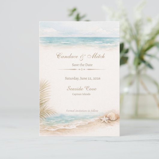 Beach Save the Date Card (Stehend Vorderseite)