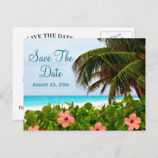 Beach Save the Date Hochzeit in Urlaubsort Card Ankündigungspostkarte (Vorne/Hinten)