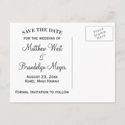 Beach Save the Date Hochzeit in Urlaubsort Card Ankündigungspostkarte (Rückseite)