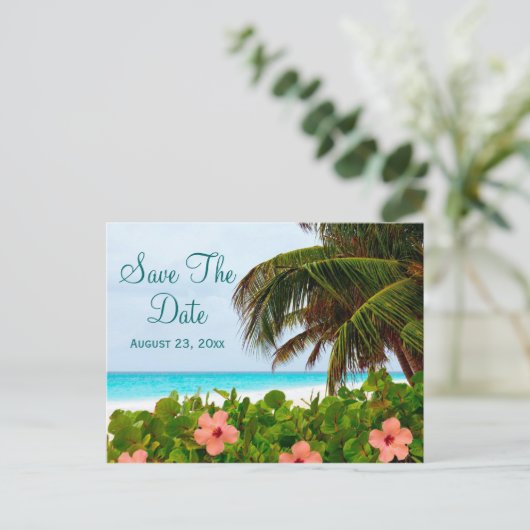 Beach Save the Date Hochzeit in Urlaubsort Card Ankündigungspostkarte (Stehend Vorderseite)