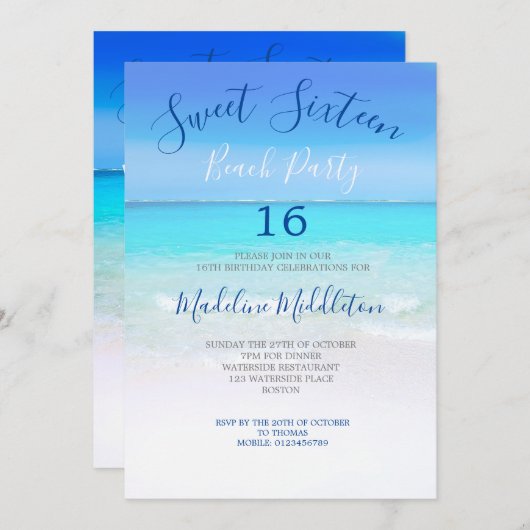 Beach Scene Blue 16 . Geburtstag Foto Geburtstag Einladung (Vorne/Hinten)