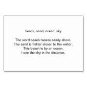 Beach Scene, Lesen von Flashcards für Erwachsene Tischnummer (Rückseite)