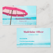 Beach Scene Ocean Blue Pink Umbrella Visitenkarte (Vorne/Hinten)