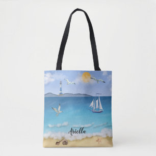Beach Scene Sailboat Seagulls Leuchtturm Tasche