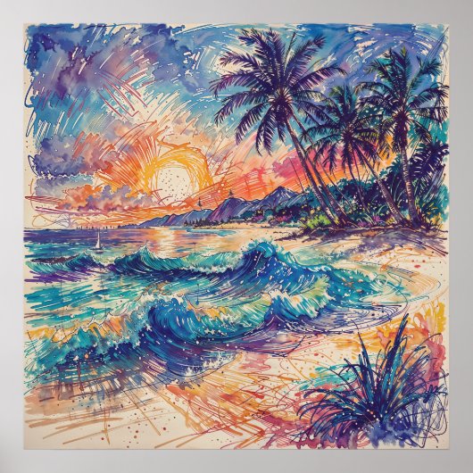 Beach Scribbles - Art Style Landschaft Poster (Vorne)