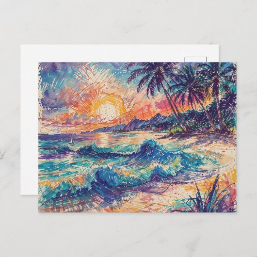 Beach Scribbles - Line Art Style Landscape Postkarte (Vorne/Hinten)