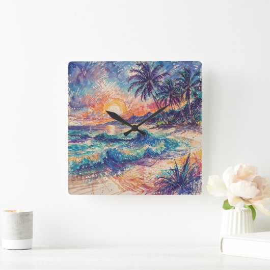 Beach Scribbles - Line Art Style Landscape Quadratische Wanduhr (Zuhause)