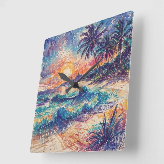 Beach Scribbles - Line Art Style Landscape Quadratische Wanduhr (Winkel)