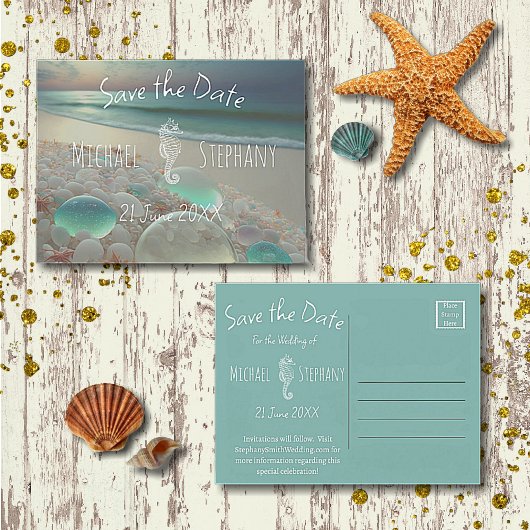 Beach Sea Glass Seepferd Save the Date Einladungspostkarte
