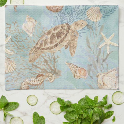 Beach Sea Turtle Ocean Seepferd Muscheln Starfish Geschirrtuch (Gefaltet)