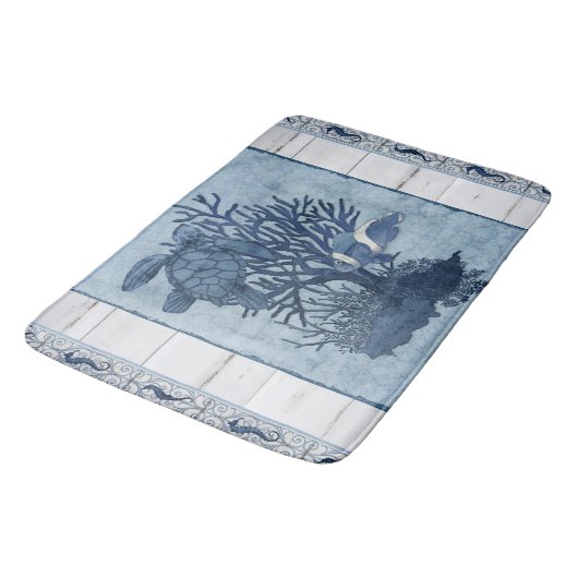 Beach Sea Turtle Seepferd Blue Rustikale Wasserfar Badematte (Schrägansicht)