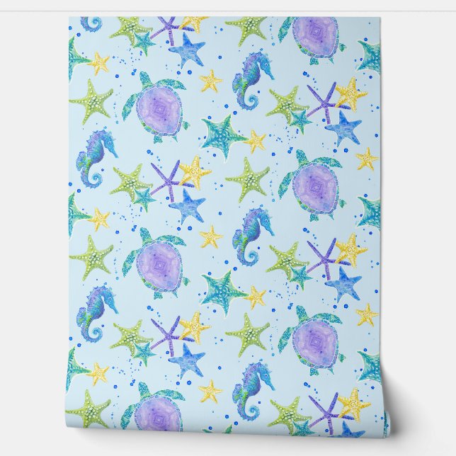 Beach Sea Turtle Seepferd Watercolor Starfish Baby Tapete (Abrollen)