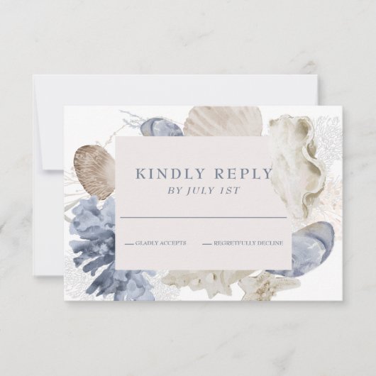 Beach SeaShell Blue Hochzeit RSVP Card (Vorderseite)
