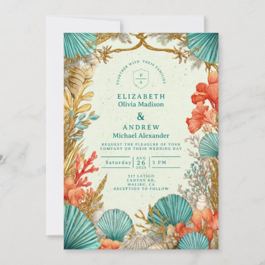 Beach Seashell Botanical Wedding Einladung (Vorderseite)