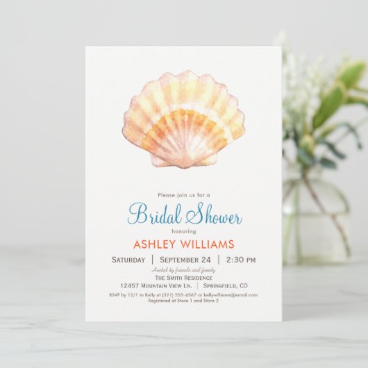 Beach Seashell Bridal Dusche Einladung (Stehend Vorderseite)