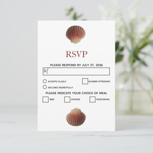 Beach Seashell Clams Wedding RSVP Cards Karte (Stehend Vorderseite)