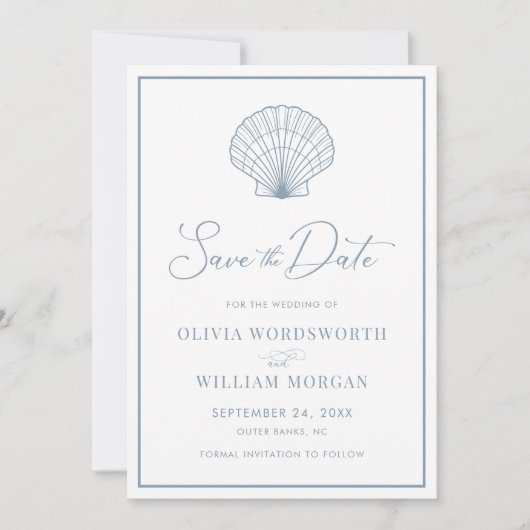 Beach Seashell Elegant Dusty Blue Wedding Save The Date (Vorderseite)