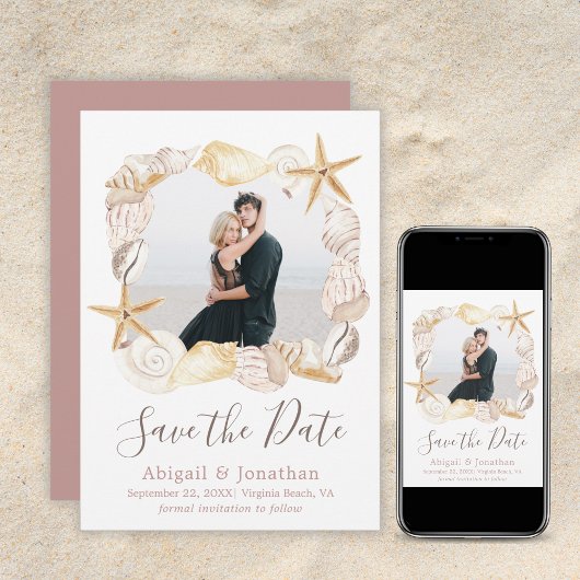 Beach Seashell Foto Blush Pink Elegante Hochzeit Save The Date