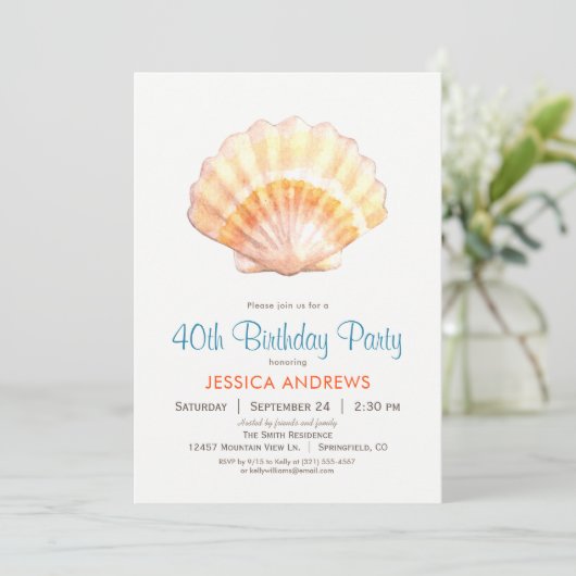 Beach Seashell Geburtstagsparty Einladung (Stehend Vorderseite)