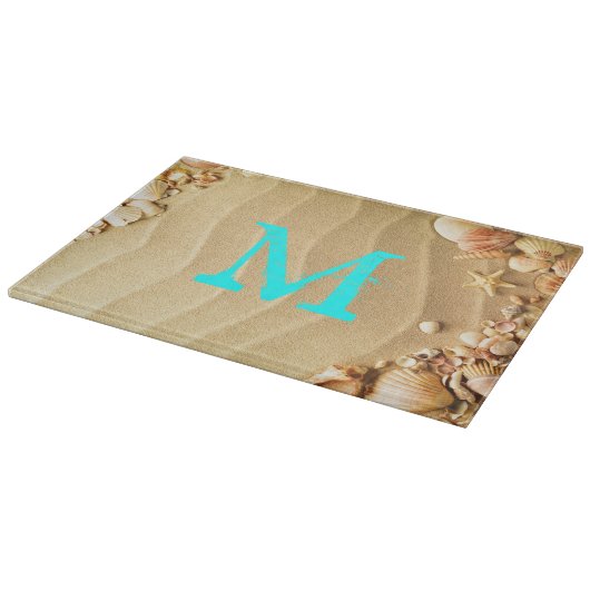 Beach Seashell Hawaii Monogram Glas Cutting Board Schneidebrett (Ecke)