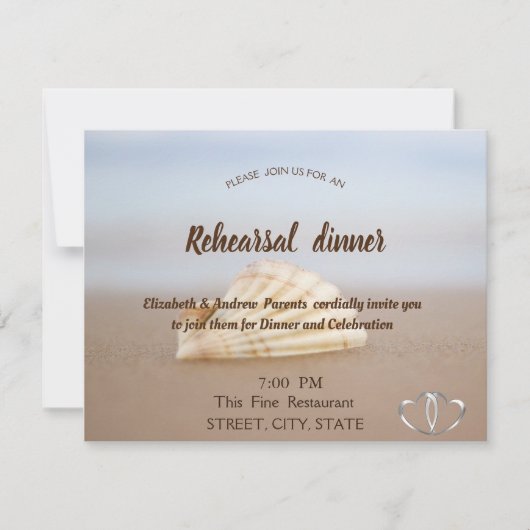 Beach Seashell, Hearts Wedding Probe Dinner Einladung (Vorderseite)