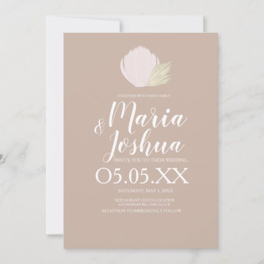 Beach Seashell Pampas Mute Wedding Einladung (Vorderseite)