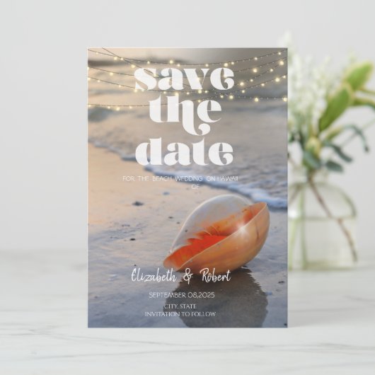 Beach Seashell String Lights Save the Date (Stehend Vorderseite)