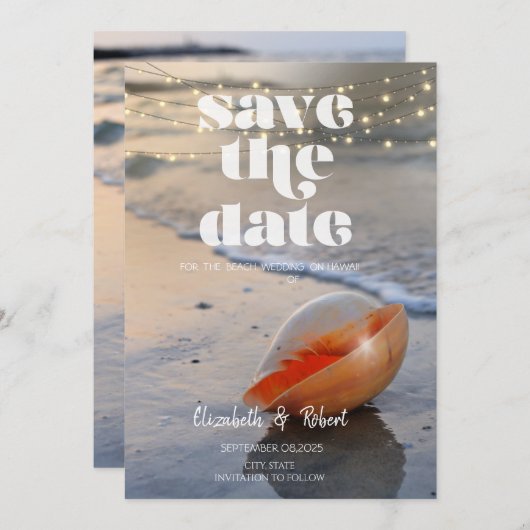 Beach Seashell String Lights Save the Date (Vorne/Hinten)