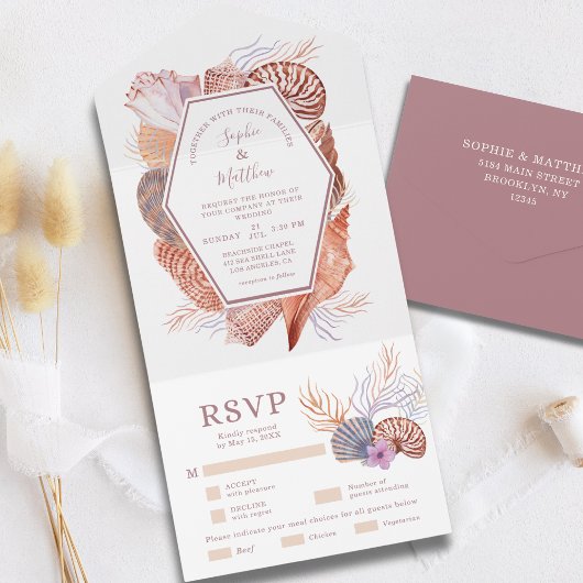 Beach Seashells Aquarellküste Chic Wedding Al All In One Einladung