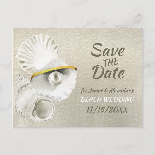 Beach Seashells auf Silvery Pearl Save the Date Ankündigungspostkarte (Vorderseite)