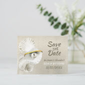 Beach Seashells auf Silvery Pearl Save the Date Ankündigungspostkarte (Stehend Vorderseite)