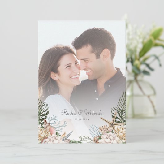 Beach Seashells BlumenWedding Save the Date (Stehend Vorderseite)