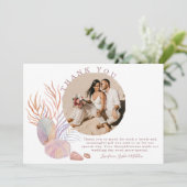 Beach Seashells Foto Hochzeit an der Küste Dankeskarte (Stehend Vorderseite)