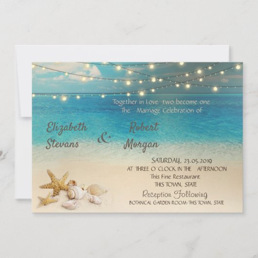 Beach Seashells Lights Hochzeitseinladung Einladung (Vorderseite)