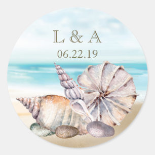 Beach SeaShells   Nautical Wedding Monogram Runder Aufkleber