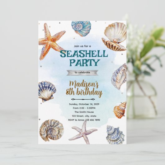 Beach Seashells Party Invitation Einladung (Stehend Vorderseite)