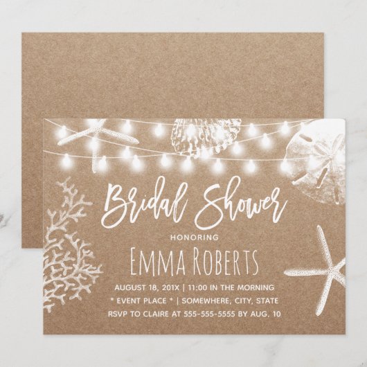 Beach Seashells Rustic Kraft Brautparty Einladung (Vorne/Hinten)