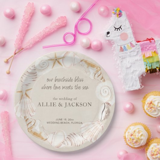 Beach Seashells Sand Liebe Sea Wedding Pappteller (Party)