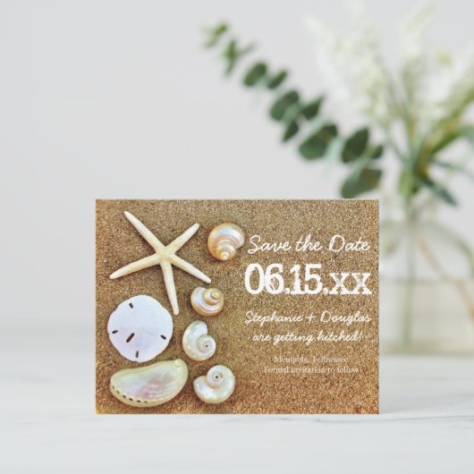 Beach Seashells Sand Save the Date Postkarten (Stehend Vorderseite)