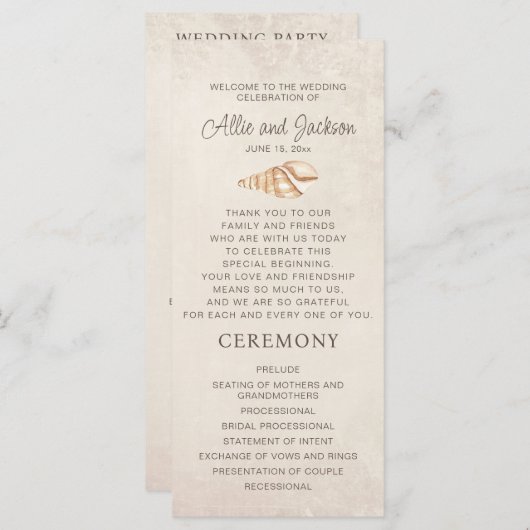 Beach Seashells Sand Wedding Program Brautparty (Vorne/Hinten)