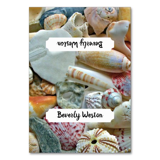 Beach Seashells Tented Platzkarten Name Template Tischnummer (Vorderseite)