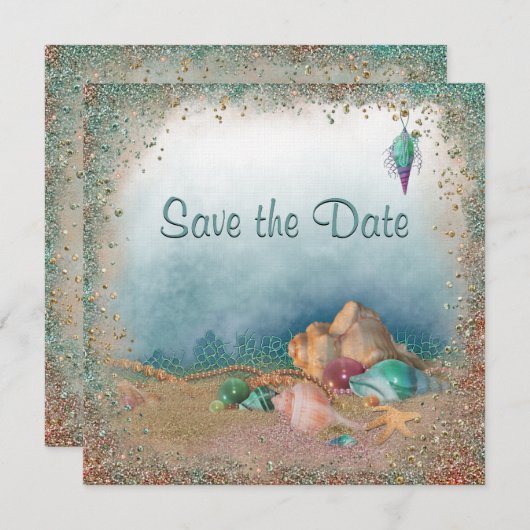 Beach Seashells und Glitzer Save the Date Hochzeit (Vorne/Hinten)