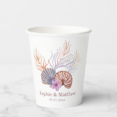 Beach Seashells Wasserfarben Coastal Chic Hochzeit Pappbecher (Rückseite)