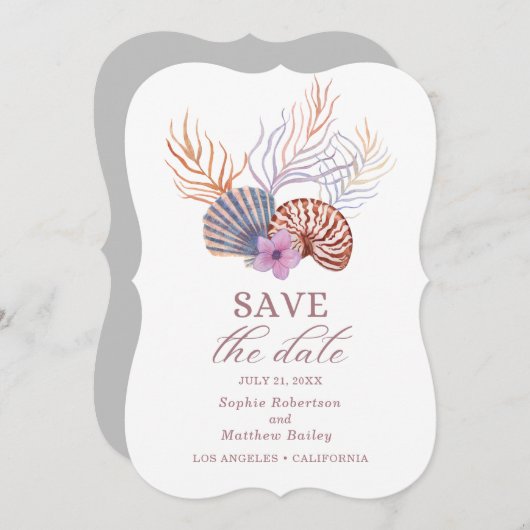 Beach Seashells Wasserfarben Coastal Chic Hochzeit Save The Date (Vorne/Hinten)
