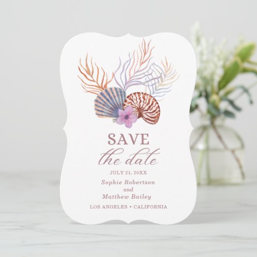 Beach Seashells Wasserfarben Coastal Chic Hochzeit Save The Date (Stehend Vorderseite)